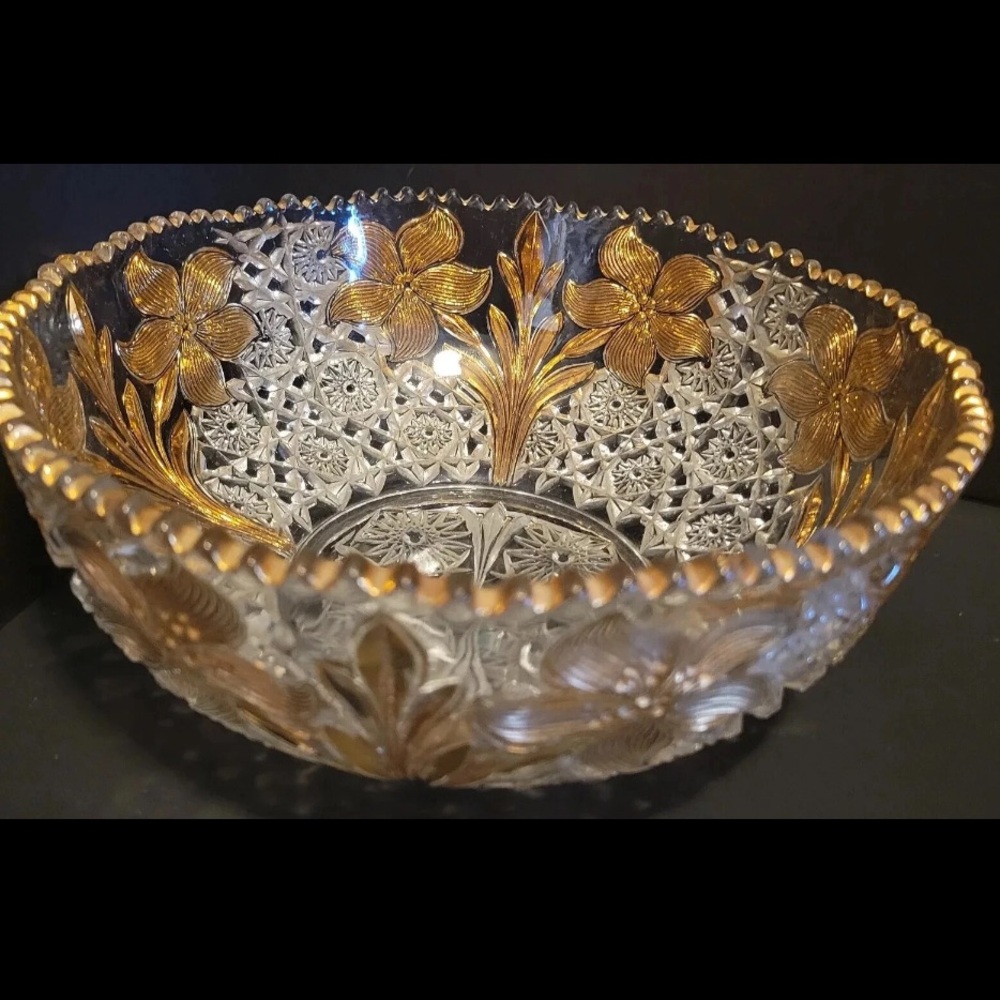 Vintage Gold Floral Etched Glass Bowl | 9” Elegant Easter Decor or Serving Dish